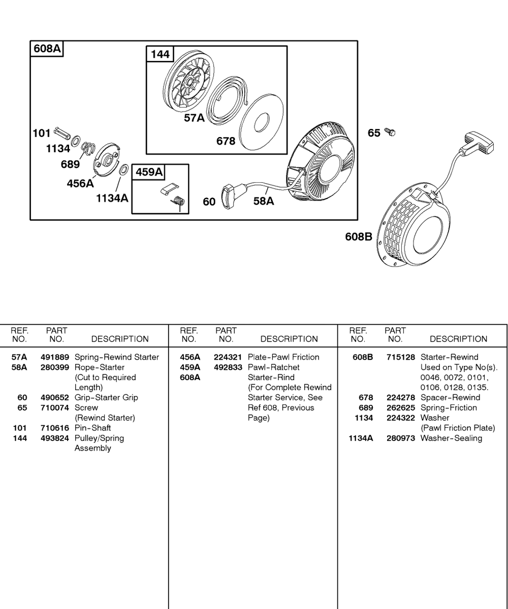 Rewind Starter 2 Diagram and Parts List for 115432-0135-XX  Briggs and Stratton Engine
